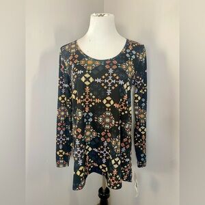 LuLaRoe Lynnae Long Sleeve Top NWT Black and Multicolor Abstract